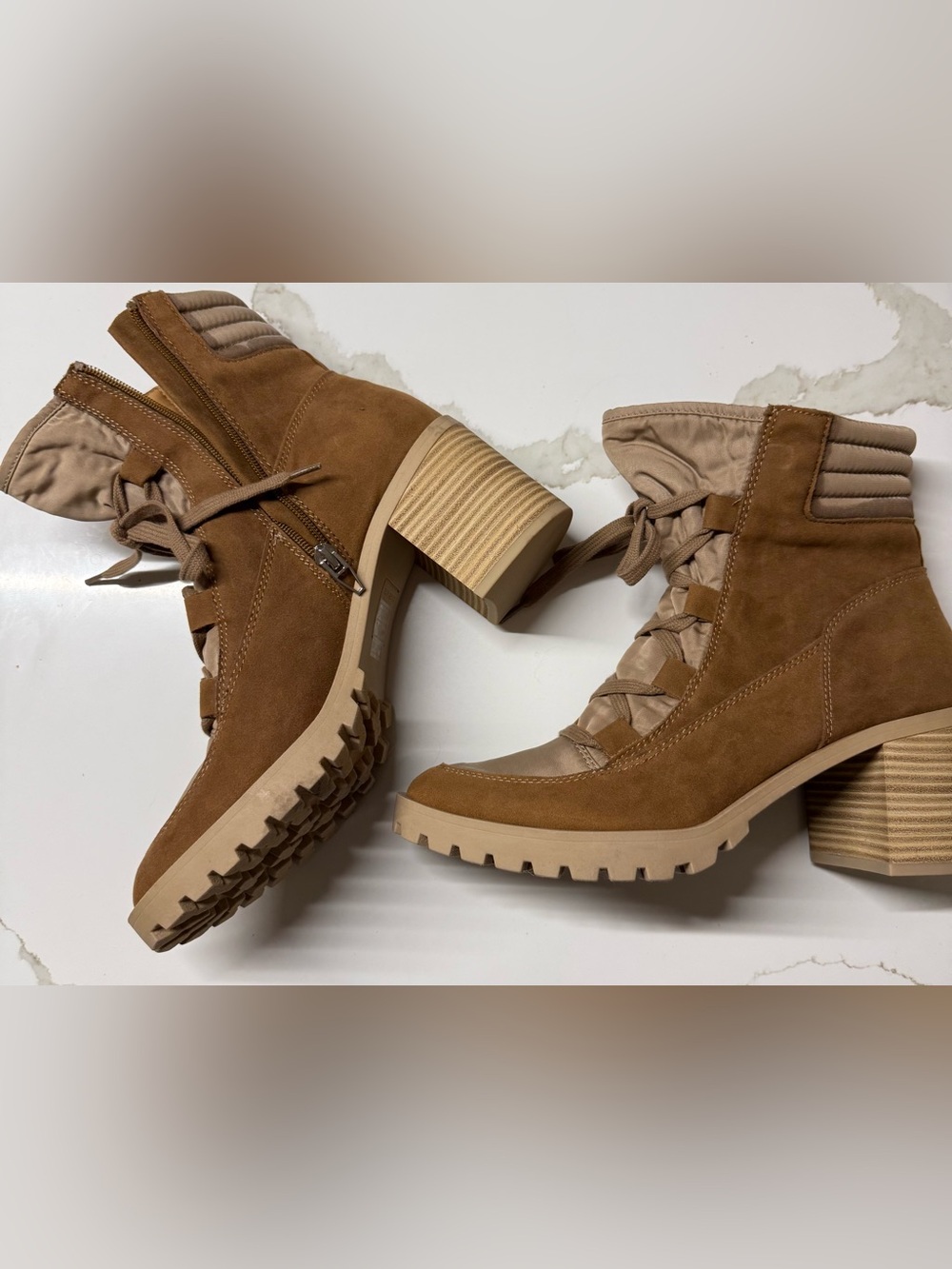 NWO Box Dolce Vita Cognac Suede and fabric Lace-Up Block Heel Boots